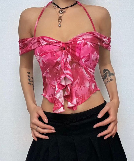 Vibrant Y2K Pink Floral Ruffle Halter Crop Top - Off-Shoulder Statement Blouse