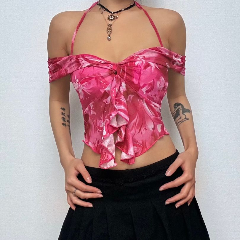 Vibrant Y2K Pink Floral Ruffle Halter Crop Top - Off-Shoulder Statement Blouse