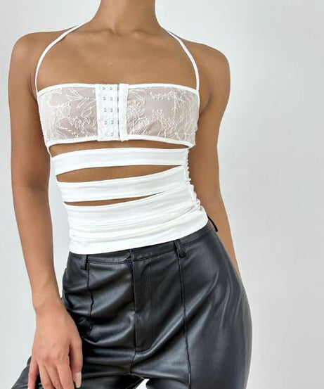 Siren Chic White Lace Halter Cut-Out Top - Edgy Bandage Style for Fall Nights & Holiday Parties