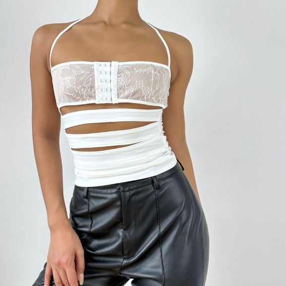 Siren Chic White Lace Halter Cut-Out Top - Edgy Bandage Style for Fall Nights & Holiday Parties