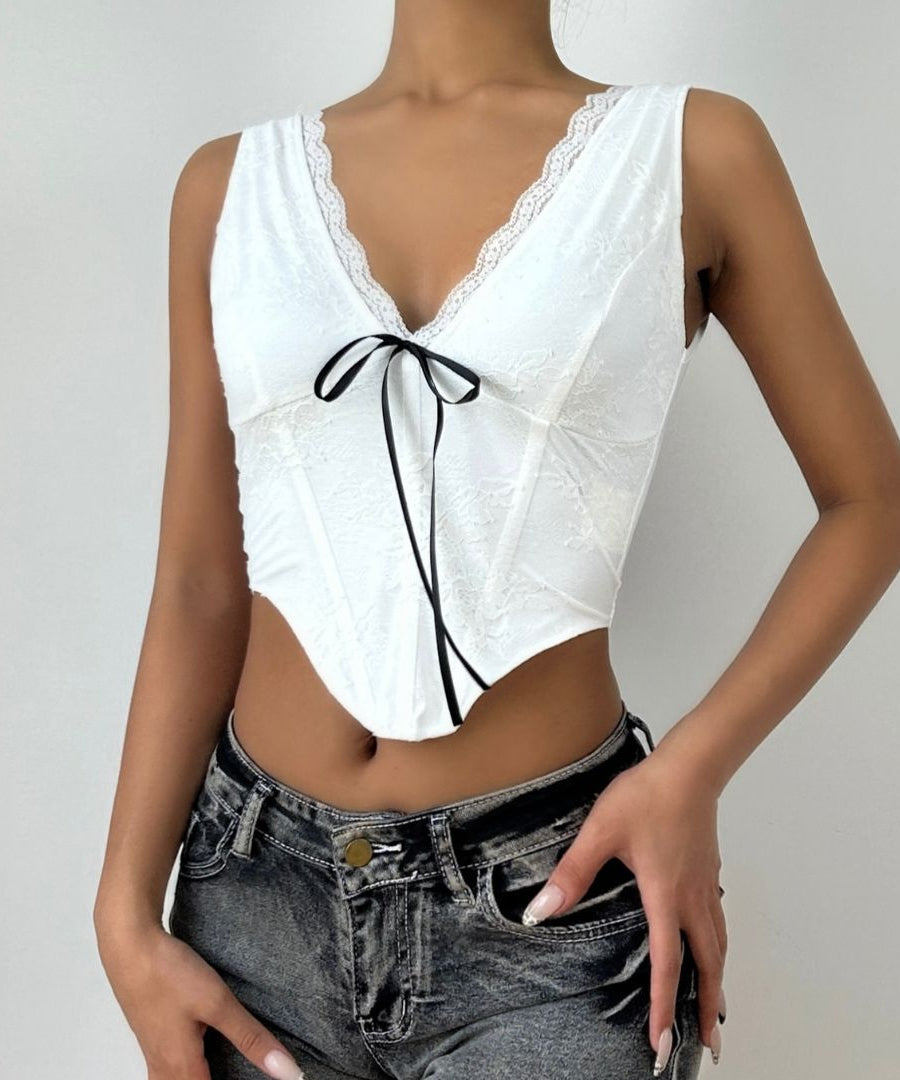 Chic Lace Corset Crop Top with Ribbon Tie - Perfect for Fall & Holiday Nights Out
