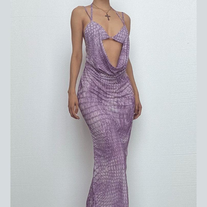Mystic Allure Halter Maxi Dress | Lavender Croc Print Cut-Out for Fall Parties
