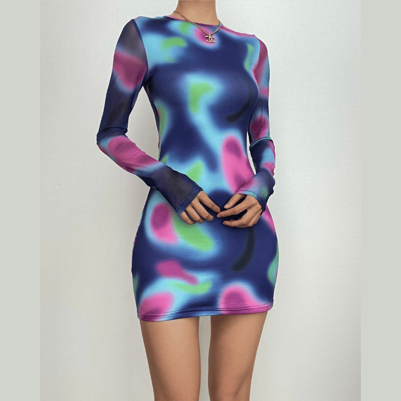 Electric Aura Mesh Long Sleeve Mini Dress - Trendy Fall Party Bodycon