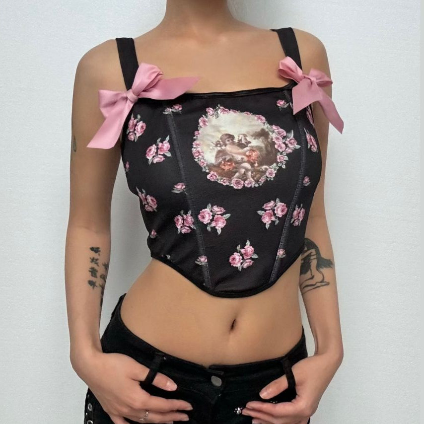 Heavenly Cherub Rose Corset Crop Top | Coquette Bow Shoulder Fall Fashion Statement
