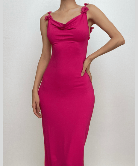 Elegant Magenta Backless Maxi Dress with Delicate Floral Applique Straps - Fall & Holiday Ready