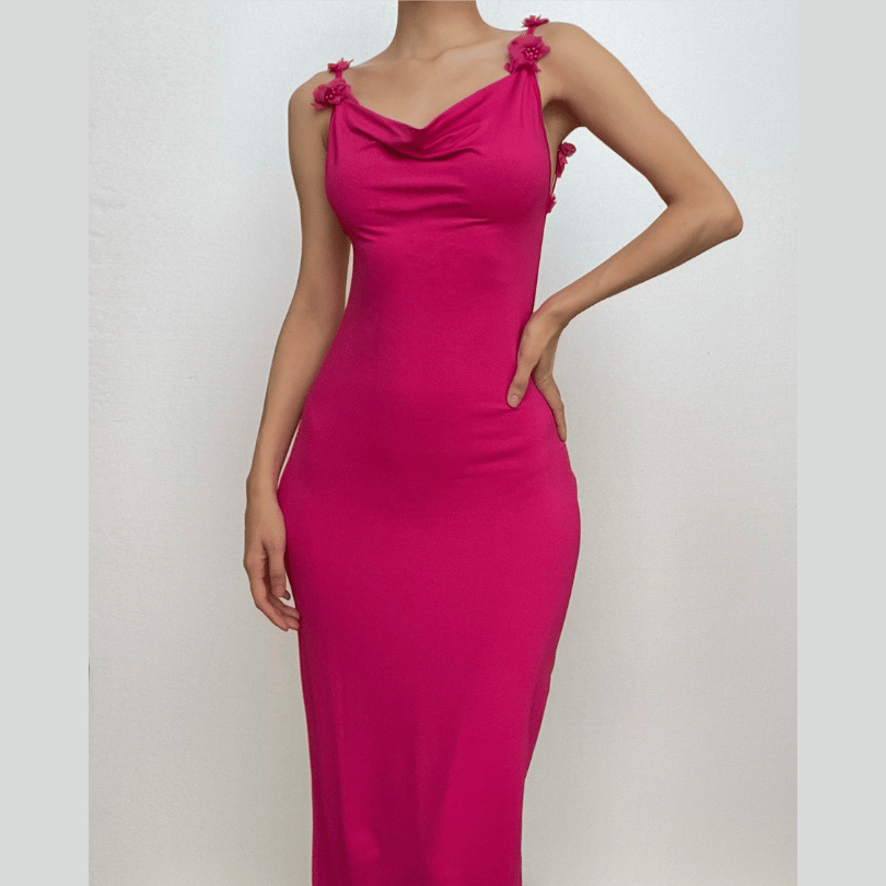 Elegant Magenta Backless Maxi Dress with Delicate Floral Applique Straps - Fall & Holiday Ready