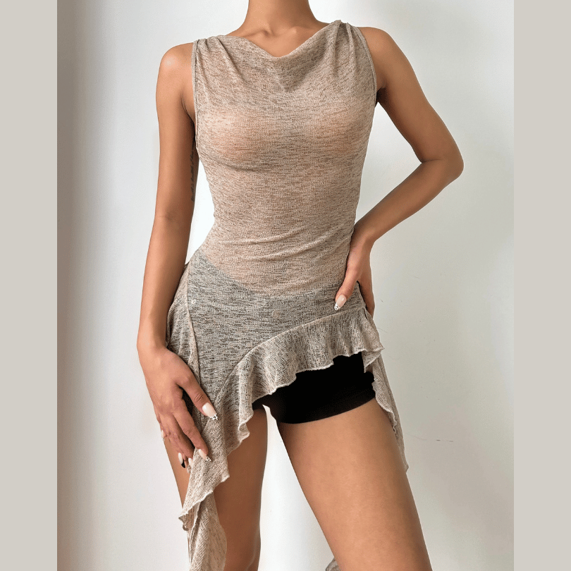 Effortless Fall Flow: Sheer Knit Asymmetric Ruffle Cowl Neck Tunic