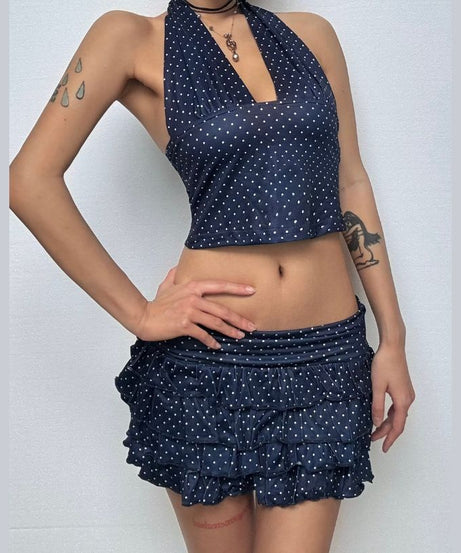Flirty Fall: Y2K Polka Dot Halter Crop Top & Ruffle Mini Skirt Set