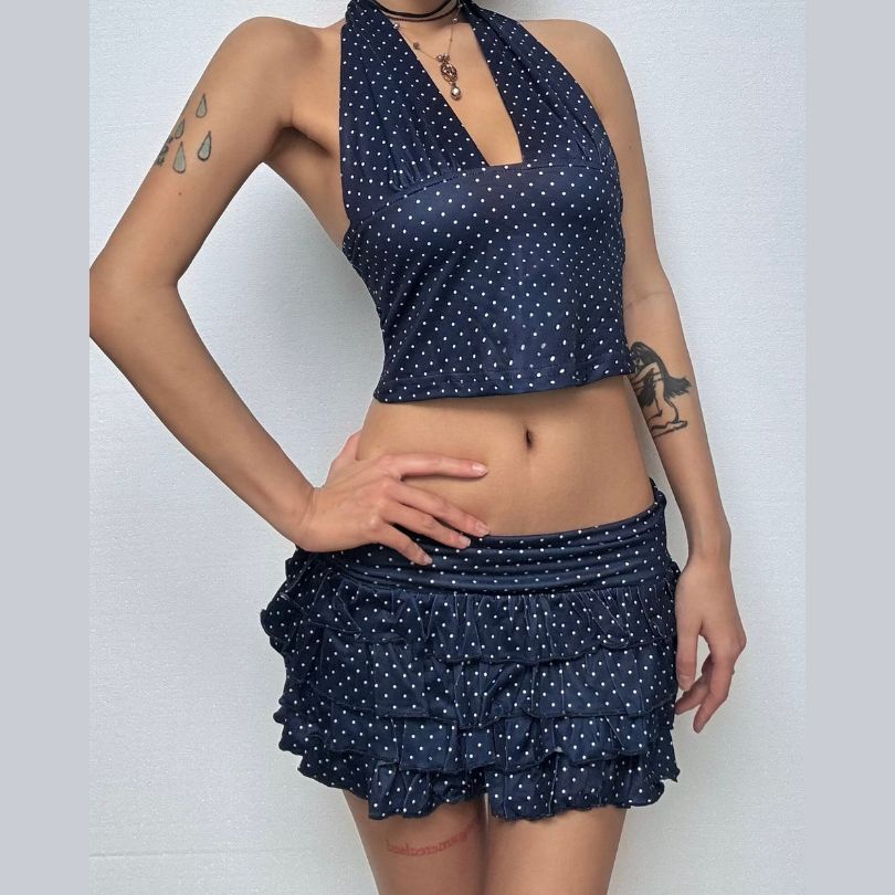 Flirty Fall: Y2K Polka Dot Halter Crop Top & Ruffle Mini Skirt Set