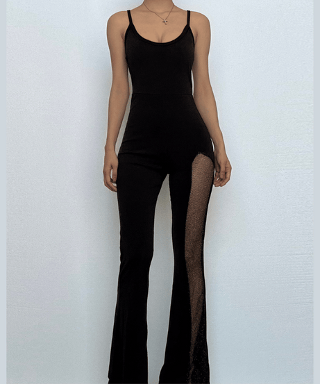 Dare to Dazzle: Black Mesh Slit Flare Jumpsuit - Your Ultimate Fall & Holiday Party Statement