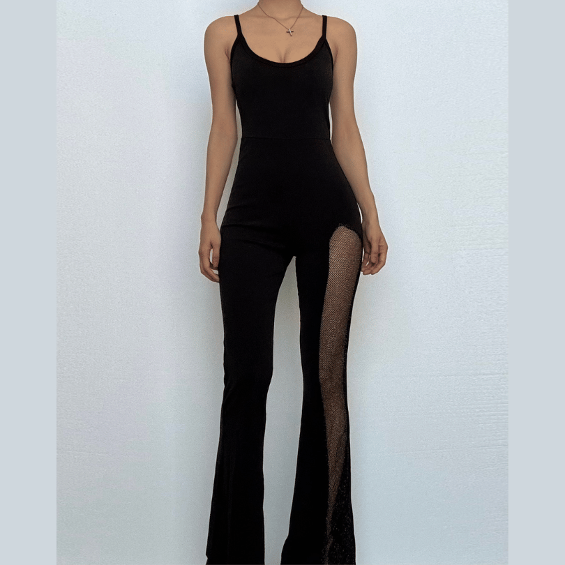 Dare to Dazzle: Black Mesh Slit Flare Jumpsuit - Your Ultimate Fall & Holiday Party Statement