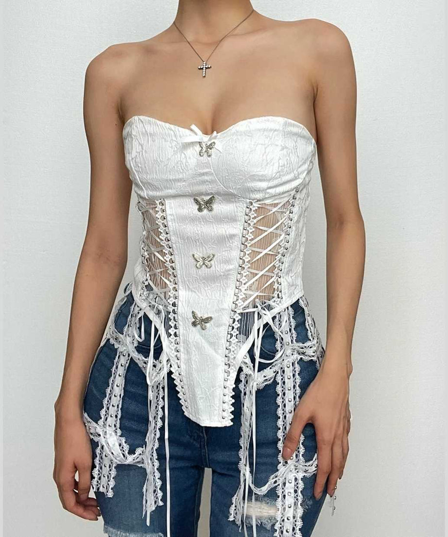 Dreamy Butterfly Lace-Up Corset Top | Y2K Strapless Bustier for Fall & Holiday Parties