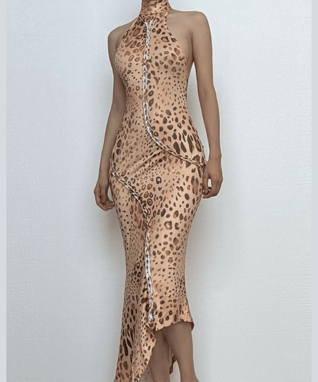 Allure & Edge: Leopard Print Halter Maxi Dress with Backless Design & Asymmetrical Lacing - Your Fall & Holiday Statement Piece