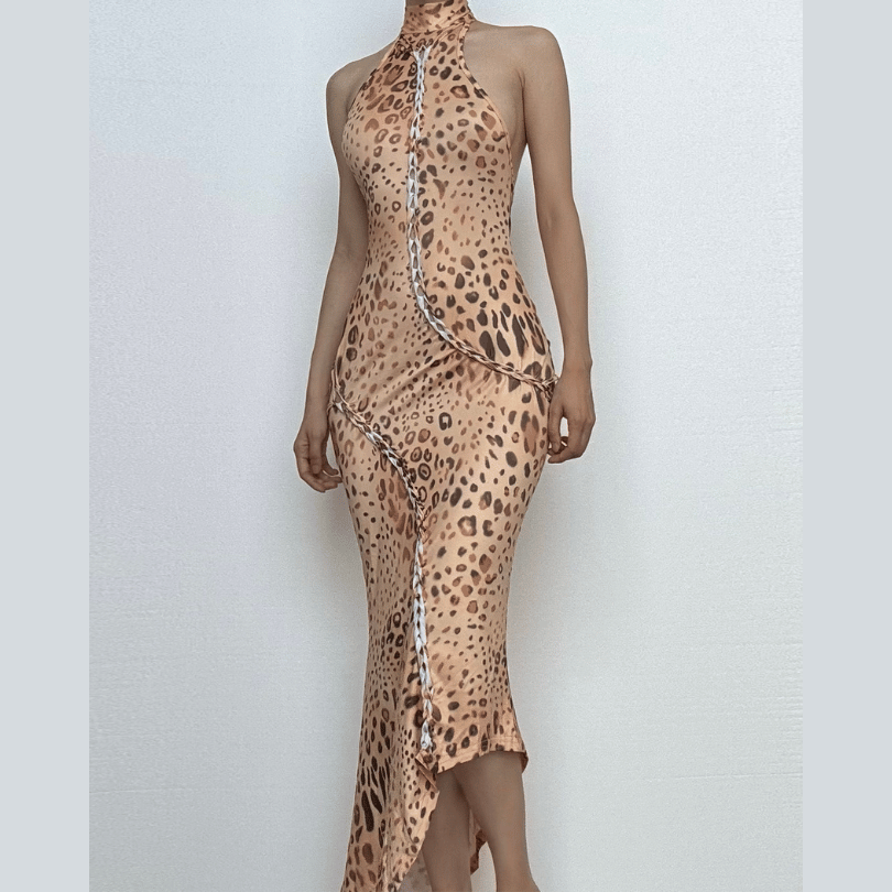 Allure & Edge: Leopard Print Halter Maxi Dress with Backless Design & Asymmetrical Lacing - Your Fall & Holiday Statement Piece