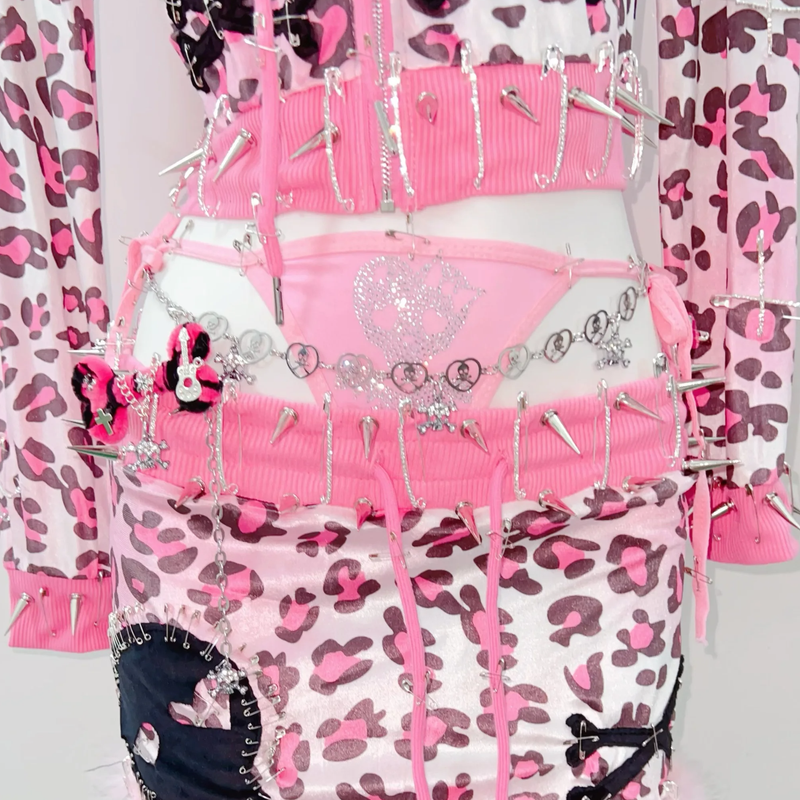Y2K Punk Princess: Pink Leopard Spiked 3-Piece Hoodie & Mini Skirt Set - Perfect for Halloween & Parties