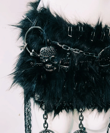 Unleash Your Inner Rebel: Spiked Fur & Skull Gothic Rave Outfit Set - Perfect for Halloween & Festivals