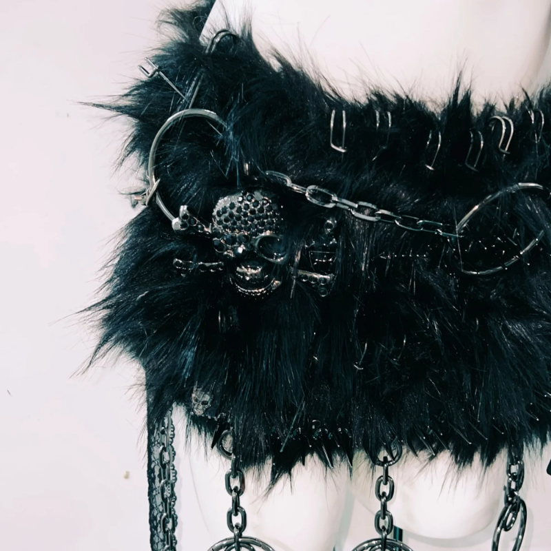 Unleash Your Inner Rebel: Spiked Fur & Skull Gothic Rave Outfit Set - Perfect for Halloween & Festivals