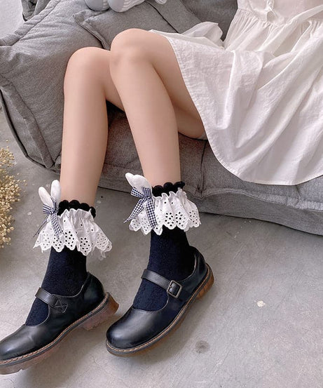 Whimsical Fall Academia: Gingham Bow & Bunny Ear Lace Ankle Socks for Women