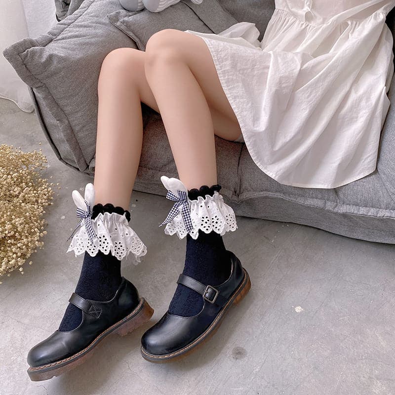 Whimsical Fall Academia: Gingham Bow & Bunny Ear Lace Ankle Socks for Women