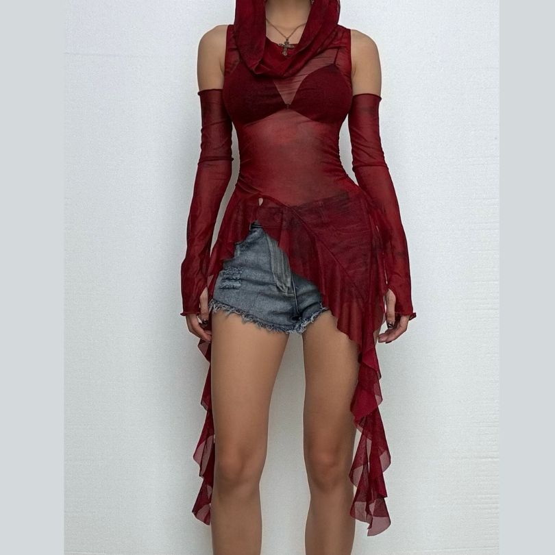 Gothic Enchantress Sheer Mesh Hooded Top | Asymmetrical Cowl Neck & Long Sleeves for Fall & Halloween