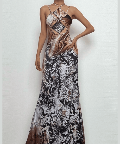 Daring Snakeskin Halter Cut-Out Maxi Dress - Fall Glam & Resort Ready