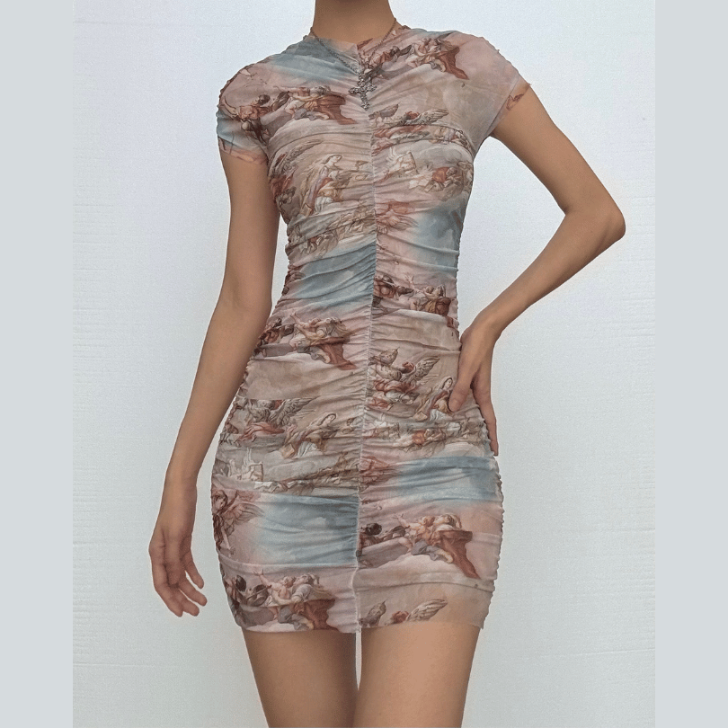 Divine Renaissance Angelic Ruched Mesh Mini Dress - Fall Party & Holiday Ready