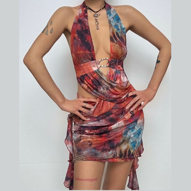 Vibrant Art Print Halter Mini Dress: O-Ring Cutouts & Draped Silhouette - Your Fall Party Statement