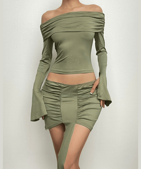 Trendy Fall Nights: Ruched Off-Shoulder Crop Top & Asymmetrical Mini Skirt Set