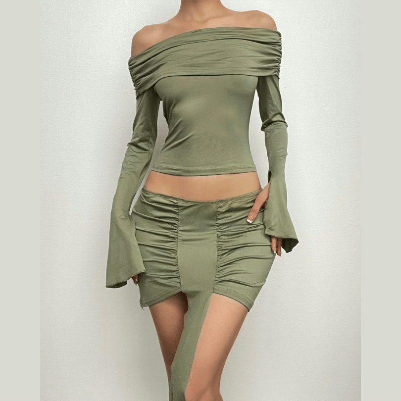 Trendy Fall Nights: Ruched Off-Shoulder Crop Top & Asymmetrical Mini Skirt Set