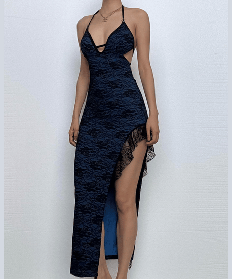 Midnight Blue Lace Halter Maxi Dress with Sassy Slit & Cut-Outs – Your Fall & Holiday Event Staple