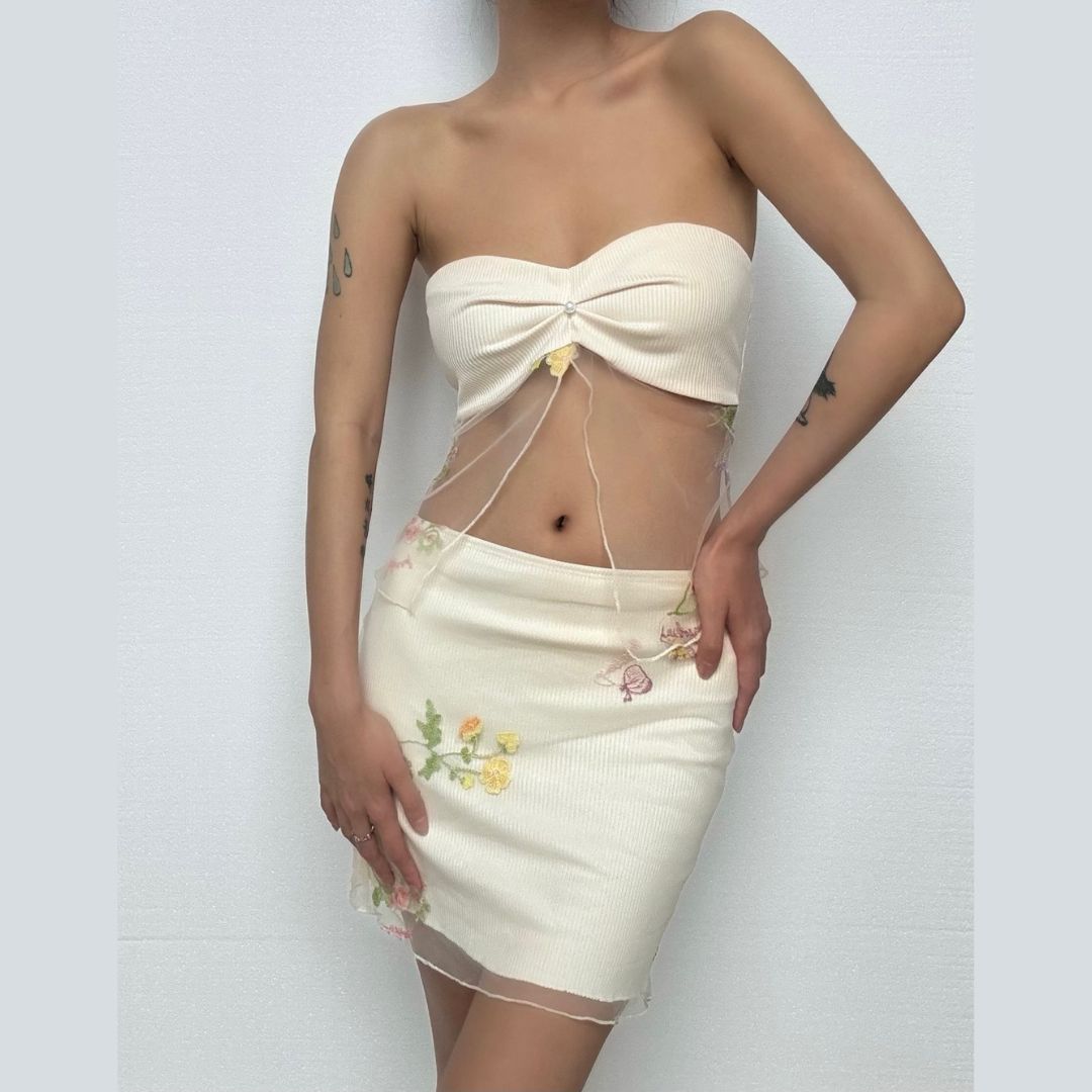 Autumn Bloom Fairycore Ribbed Knit Two-Piece Set - Sheer Mesh Tube Top & Mini Skirt