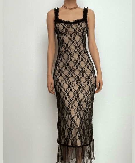 Sultry Black Lace Midi Dress | Ruffled Square Neck & Sheer Hem | Your Fall & Holiday Party Essential