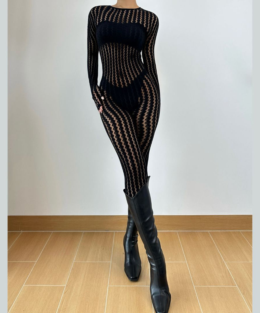 Sultry Black Sheer Knit Jumpsuit with Integrated Gloves | Halloween & Fall Party Ready