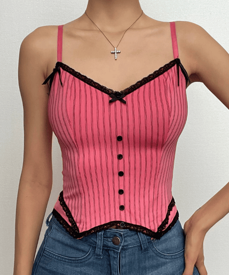 Pink Pinstripe Coquette Cami Top with Lace Trim & Bows - Fall Layering Essential