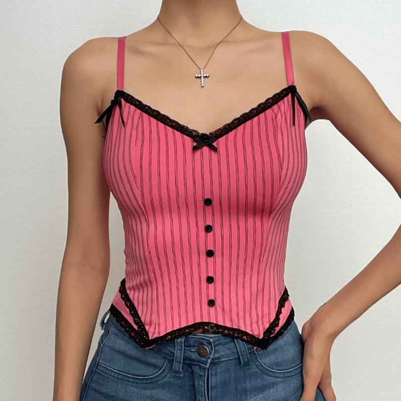 Pink Pinstripe Coquette Cami Top with Lace Trim & Bows - Fall Layering Essential