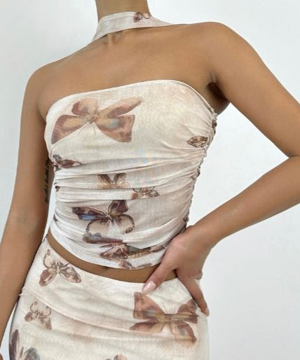 The Butterfly Effect Y2K Mesh Co-ord Set - Ruched Halter Top & Mini Skirt