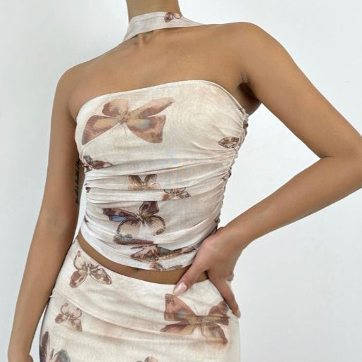 The Butterfly Effect Y2K Mesh Co-ord Set - Ruched Halter Top & Mini Skirt