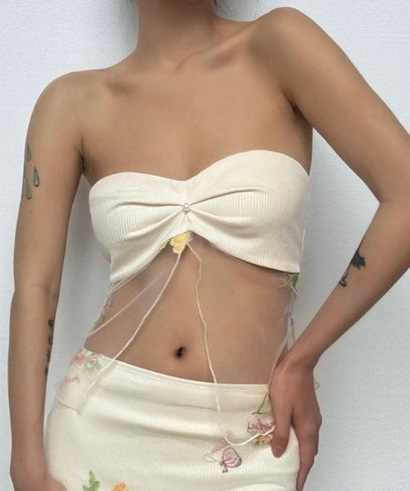 Autumn Bloom Fairycore Ribbed Knit Two-Piece Set - Sheer Mesh Tube Top & Mini Skirt