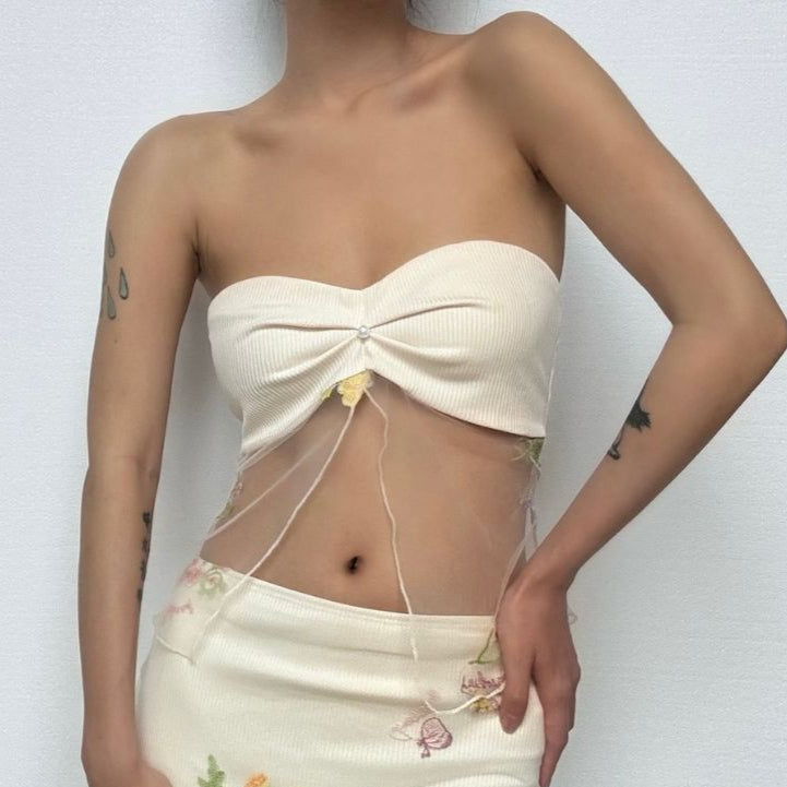 Autumn Bloom Fairycore Ribbed Knit Two-Piece Set - Sheer Mesh Tube Top & Mini Skirt