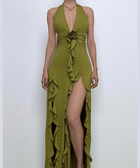 Enchanting Olive Green Halter Maxi Dress with Ruffled High Slits & Rose Applique - Your Fall Event Statement