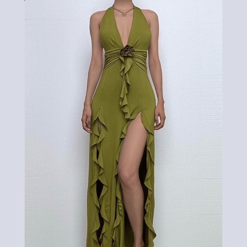 Enchanting Olive Green Halter Maxi Dress with Ruffled High Slits & Rose Applique - Your Fall Event Statement
