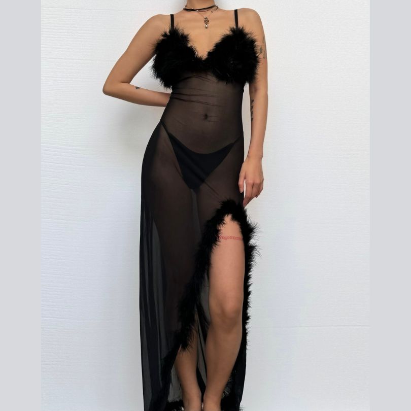 Sultry Feather Trim Sheer Mesh Maxi Dress - Halloween, Holiday & NYE Party Glam