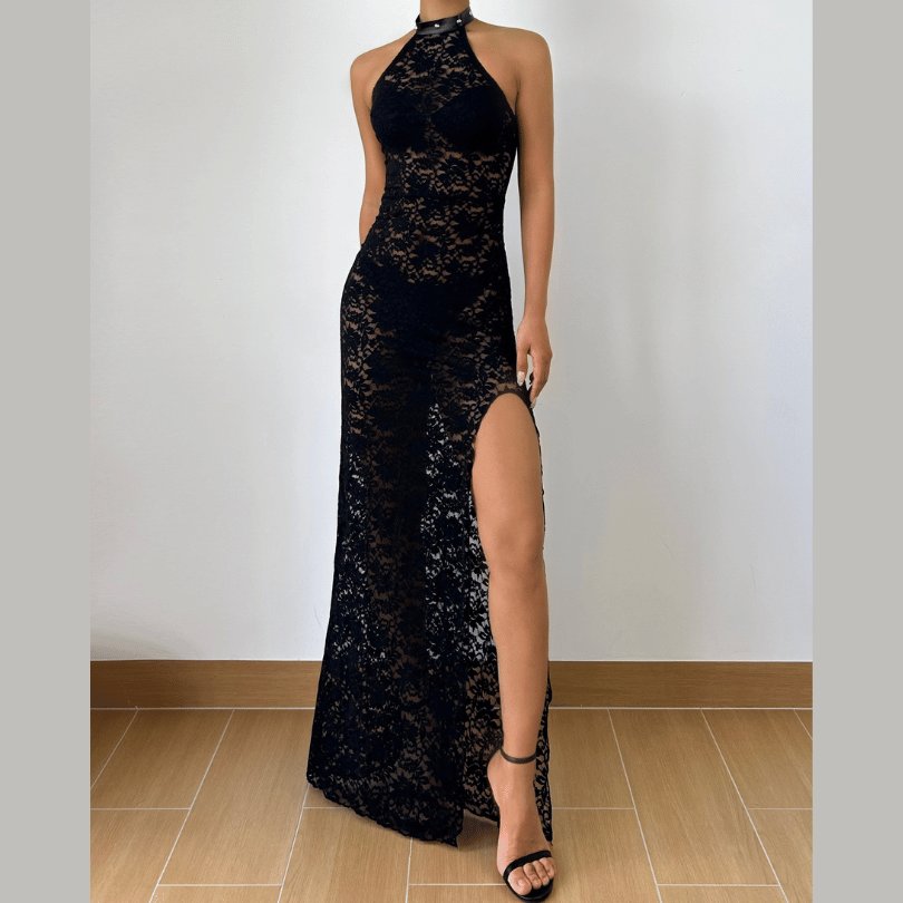 Showstopping Black Lace Halter Maxi Dress | High Slit Evening Gown for Fall & Holiday Parties