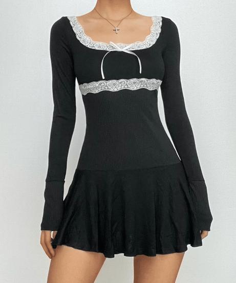 Coquette Core Black Lace Square Neck Long Sleeve Mini Dress | Fall Chic