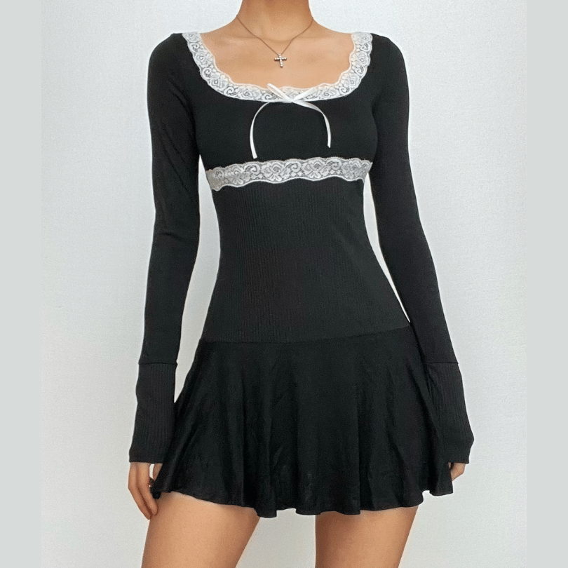 Coquette Core Black Lace Square Neck Long Sleeve Mini Dress | Fall Chic