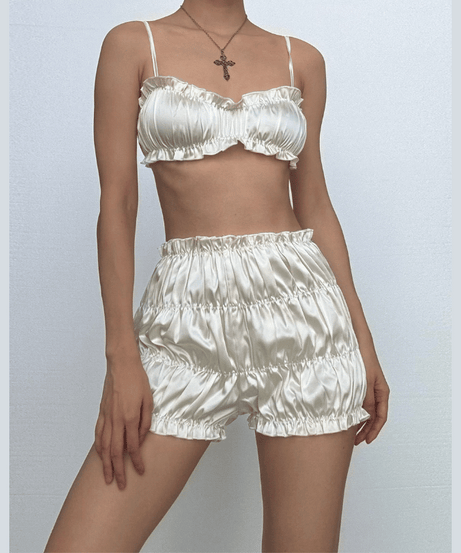 Dreamy Silky Ruched Cami Top & Bubble Shorts Set – Luxe Loungewear for Cozy Fall Evenings