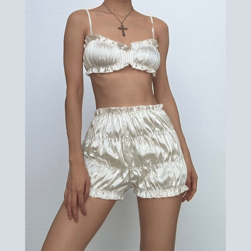 Dreamy Silky Ruched Cami Top & Bubble Shorts Set – Luxe Loungewear for Cozy Fall Evenings