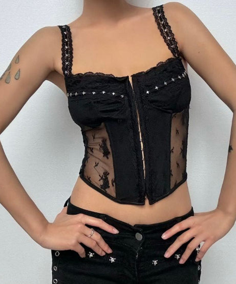Spooky Chic Black Lace Bunny Corset Top - Y2K Studded Cami for Halloween & Fall Nights Out