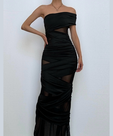 Alluring Black Off-Shoulder Ruched Mesh Maxi Dress - Your Fall & Holiday Statement Piece