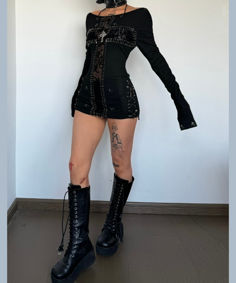 Edgy Gothic Punk Safety Pin Long Sleeve Mini Dress - Halloween & Fall 2025 Fashion